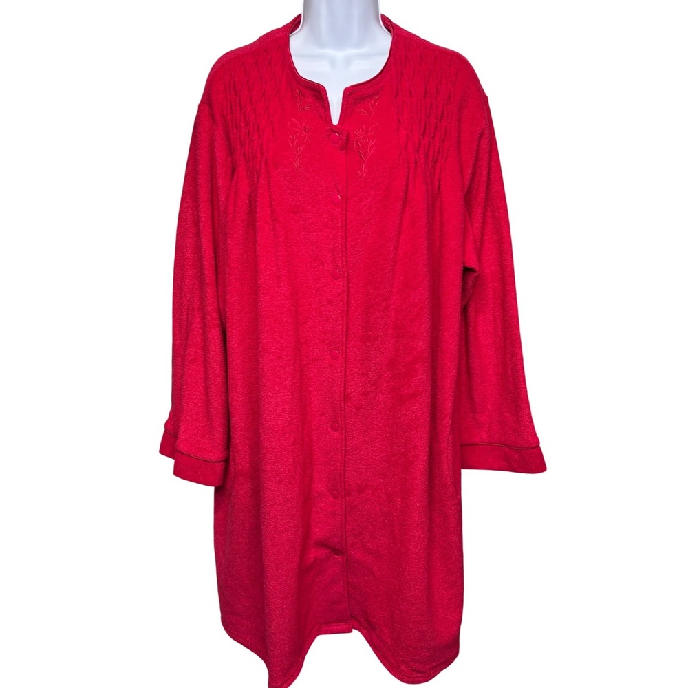 MISS ELAINE Womens Red Embroidered Fleece Button Front Robe 2X Smocked Sleepwear